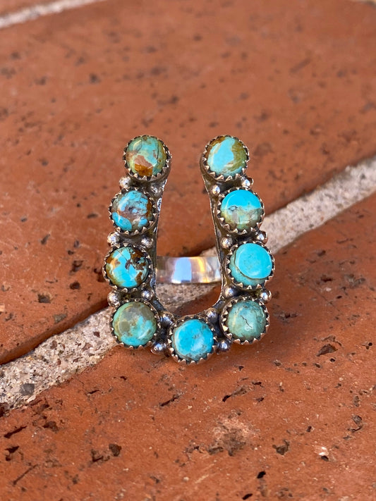 Handmade Horseshoe Sterling Silver & Natural Royston Turquoise Cluster Ring