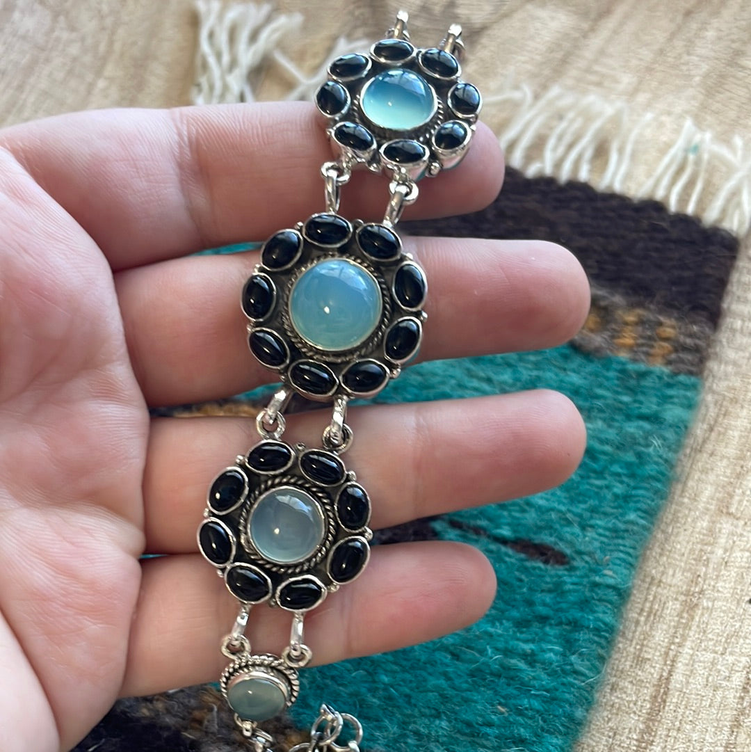 Handmade Sterling Silver, Onyx & Aqua Calcedony Link Bracelet Signed Nizhoni