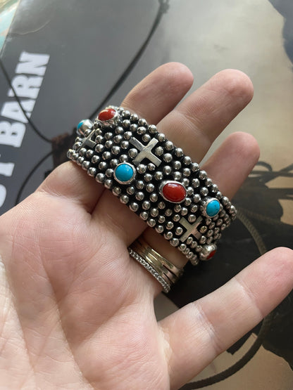 Navajo Sterling Silver, Turquoise, & Coral Cross Cuff Bracelet By Ronnie Willie