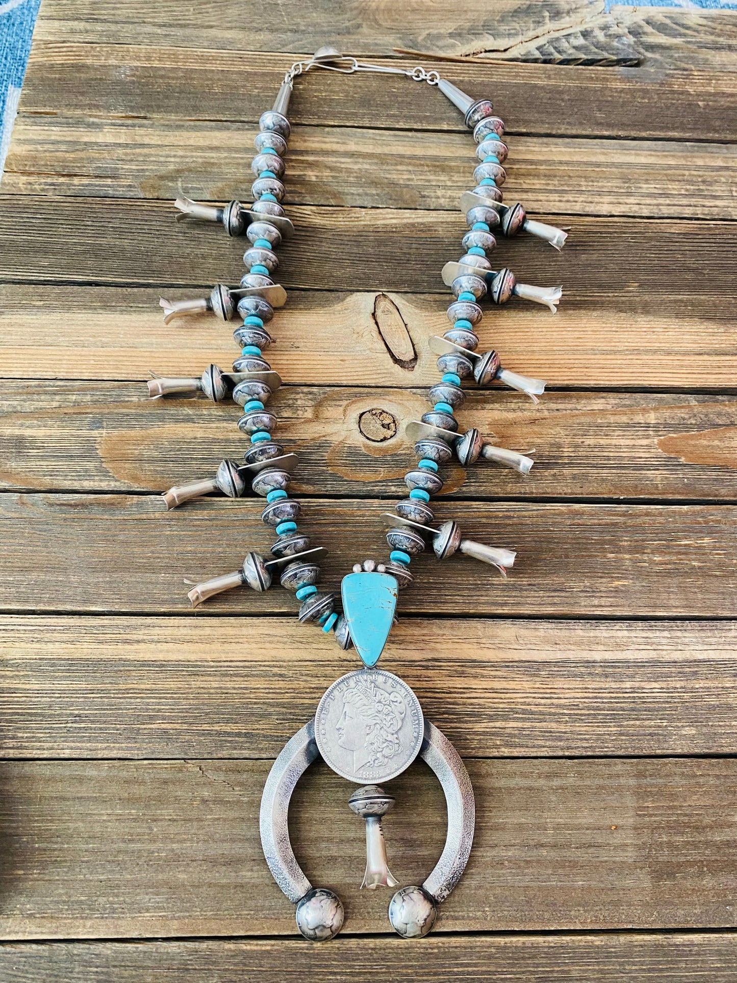 Navajo James McCabe Turquoise & Sterling Silver Liberty Dime Squash Blossom Necklace