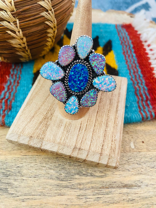 Handmade Sterling Silver & Opal Cluster Adjustable Ring