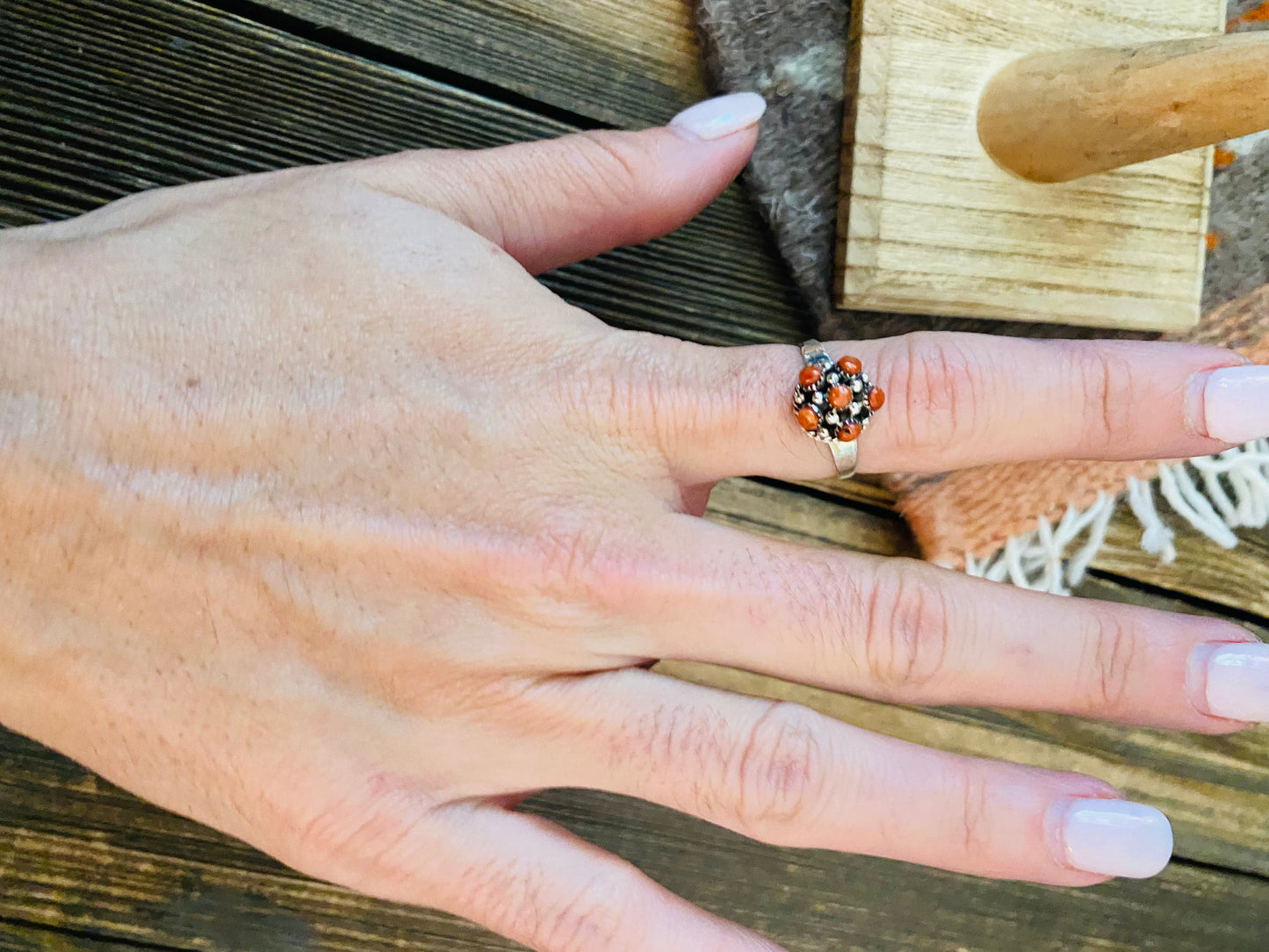 Zuni Sterling Silver & Red Coral Petit Point Ring