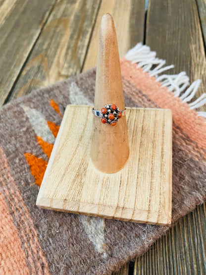 Zuni Sterling Silver & Red Coral Petit Point Ring