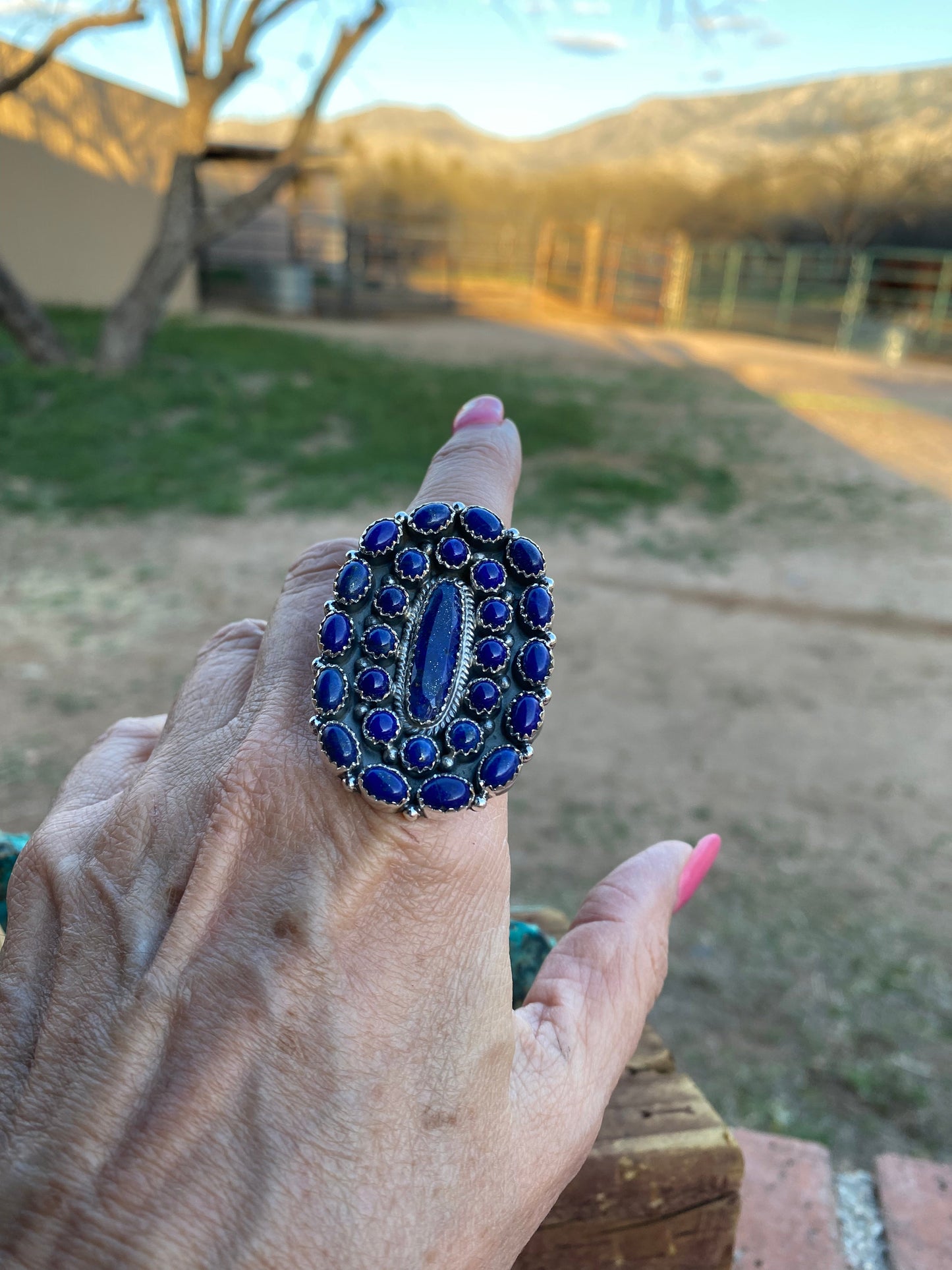 Handmade Sterling Silver & Lapis Cluster Adjustable Ring