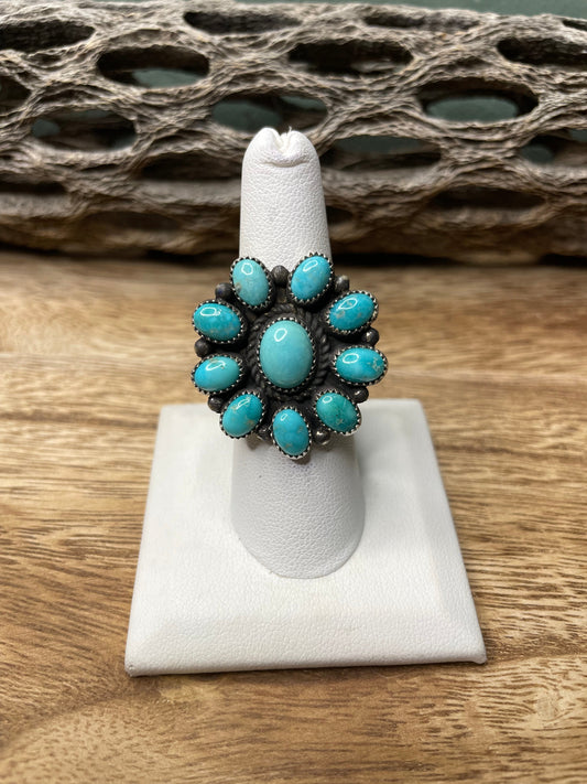 Navajo Turquoise And Sterling Silver Adjustable Cluster Ring