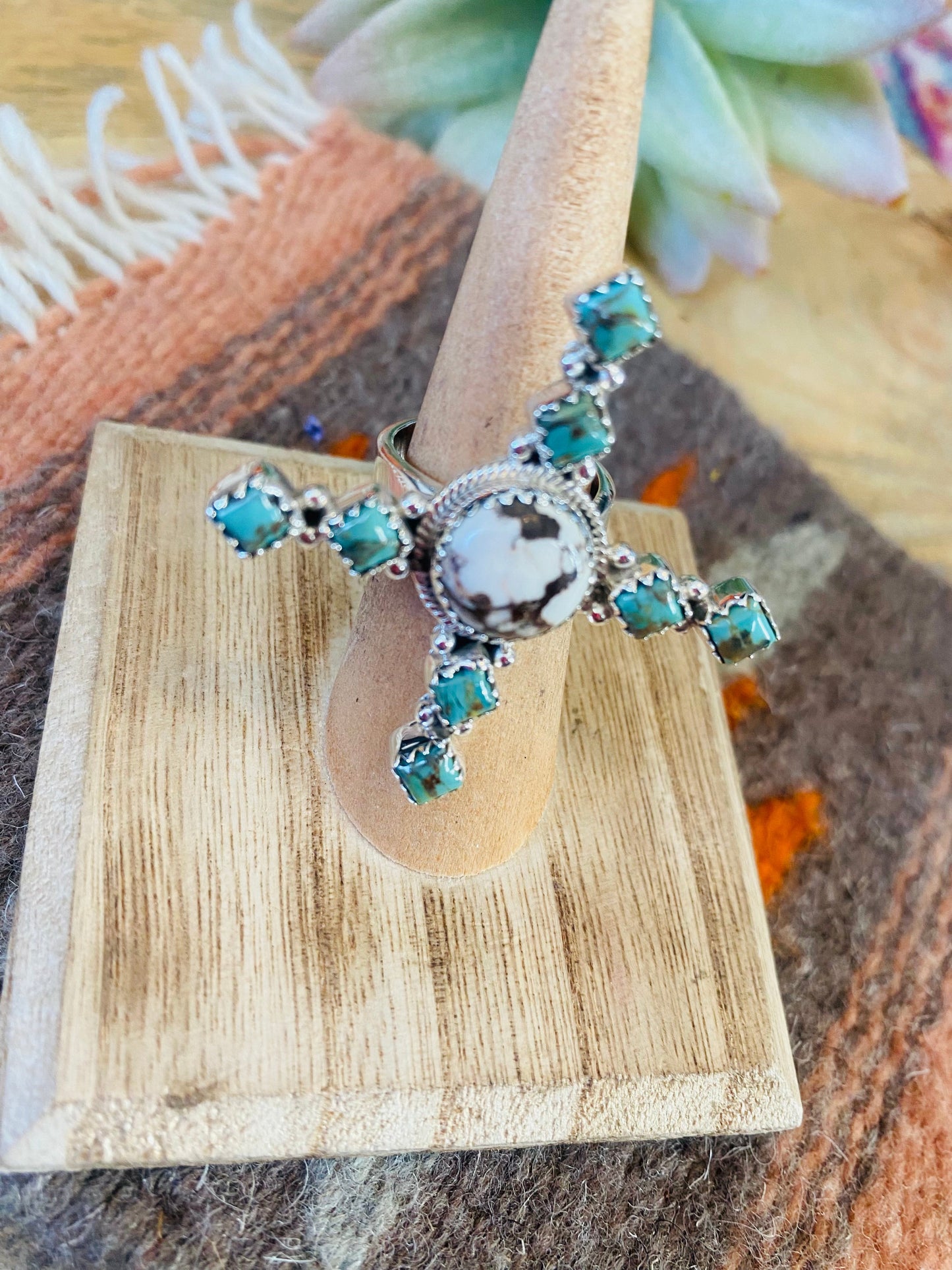 Beautiful Sterling Silver, Wild Horse & Turquoise Adjustable Ring