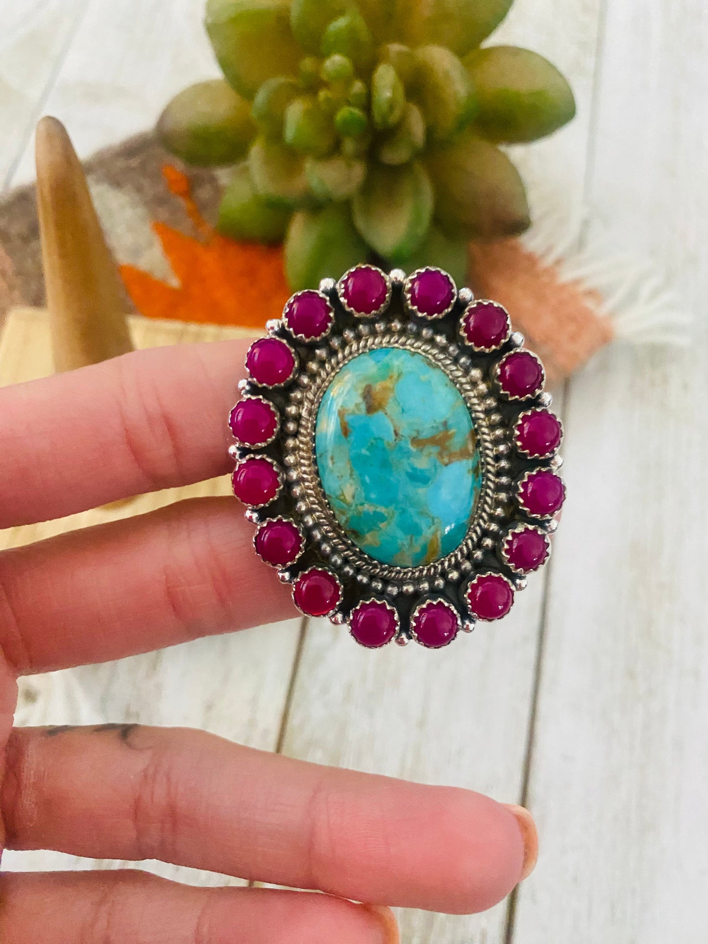 Handmade Sterling Silver, Pink Onyx & Turquoise Cluster Adjustable Ring