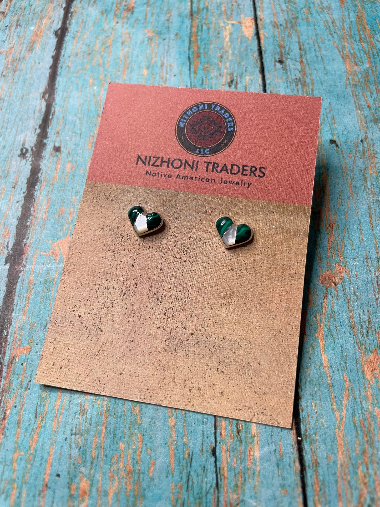 Zuni Sterling Silver, Malachite, Mother of Pearl Stud Heart Earrings