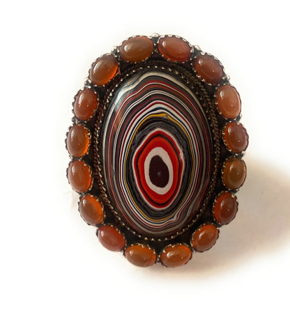 Handmade Sterling Silver, Fordite & Garnet Cluster Adjustable Ring