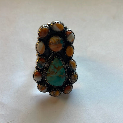 Beautiful Handmade Turquoise, Spice And Sterling Silver Adjustable Ring Signed Nizhoni