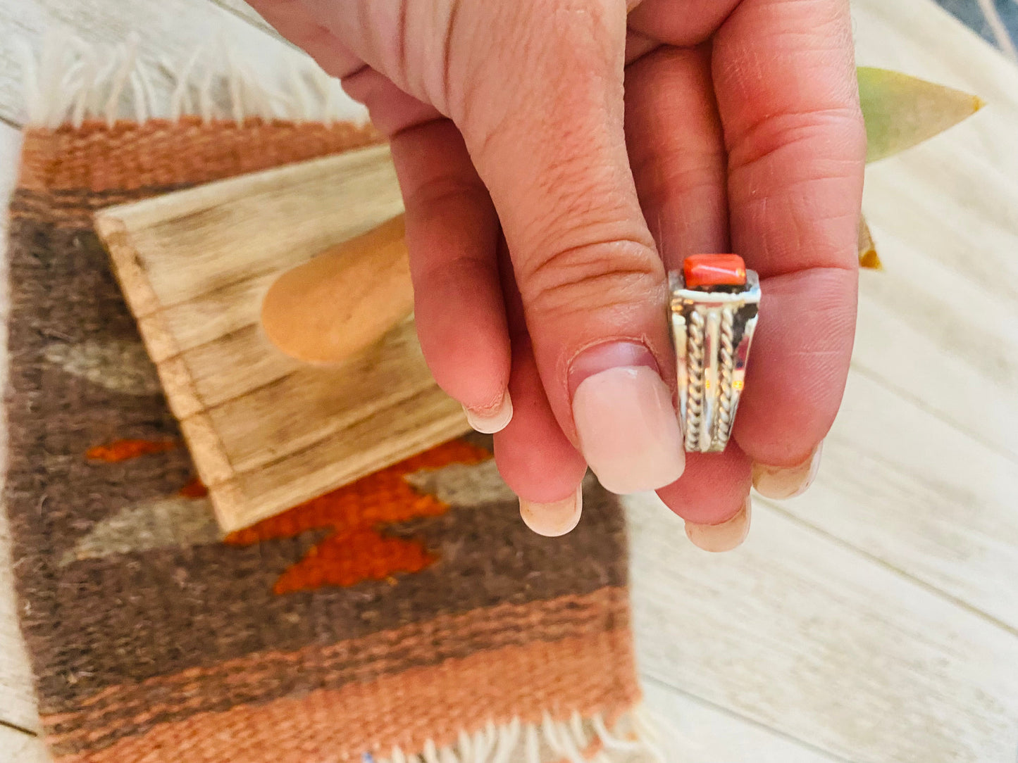 Navajo Sterling Silver & Orange Spiny Inlay Band Ring Size 6.5