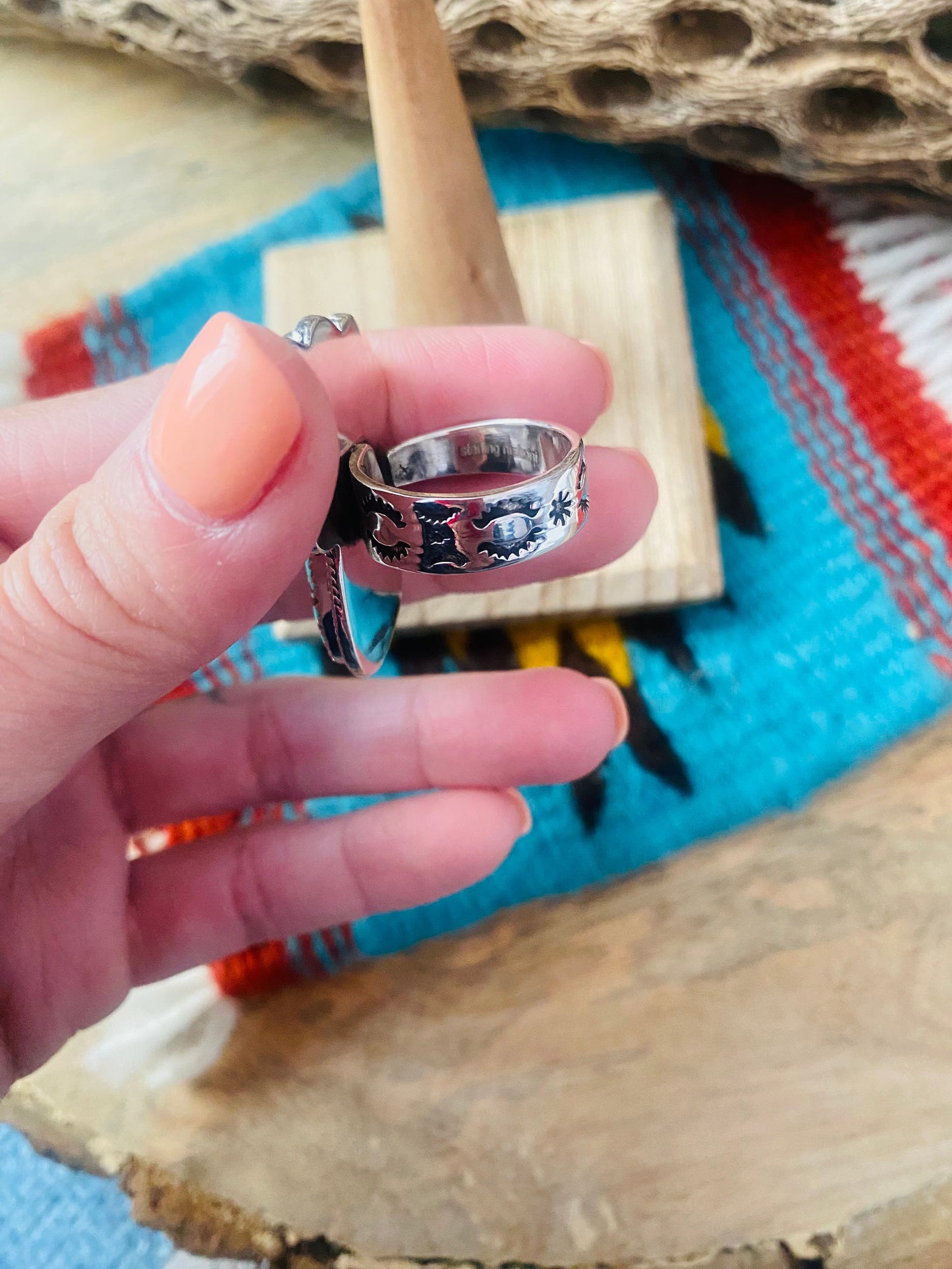 Handmade Sterling Silver, Coral & Number 8 Turquoise Adjustable Ring