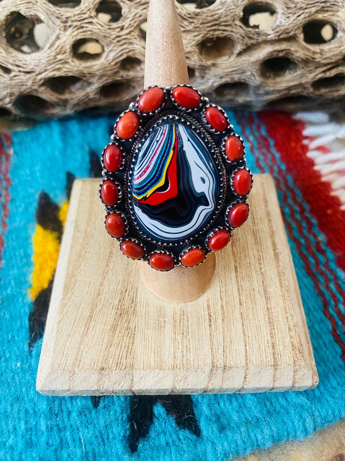 Handmade Sterling Silver, Fordite & Coral Cluster Adjustable Ring