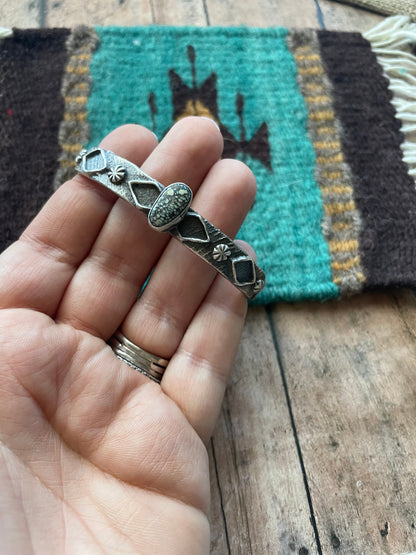 Navajo New Leander Turquoise & Sterling Silver Tufa Cast Cuff Bracelet Signed