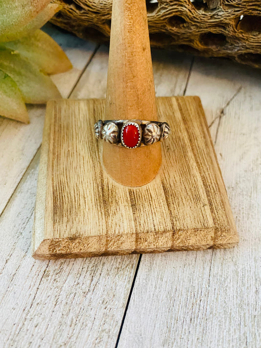 Navajo Coral and Sterling Silver Concho Band Ring