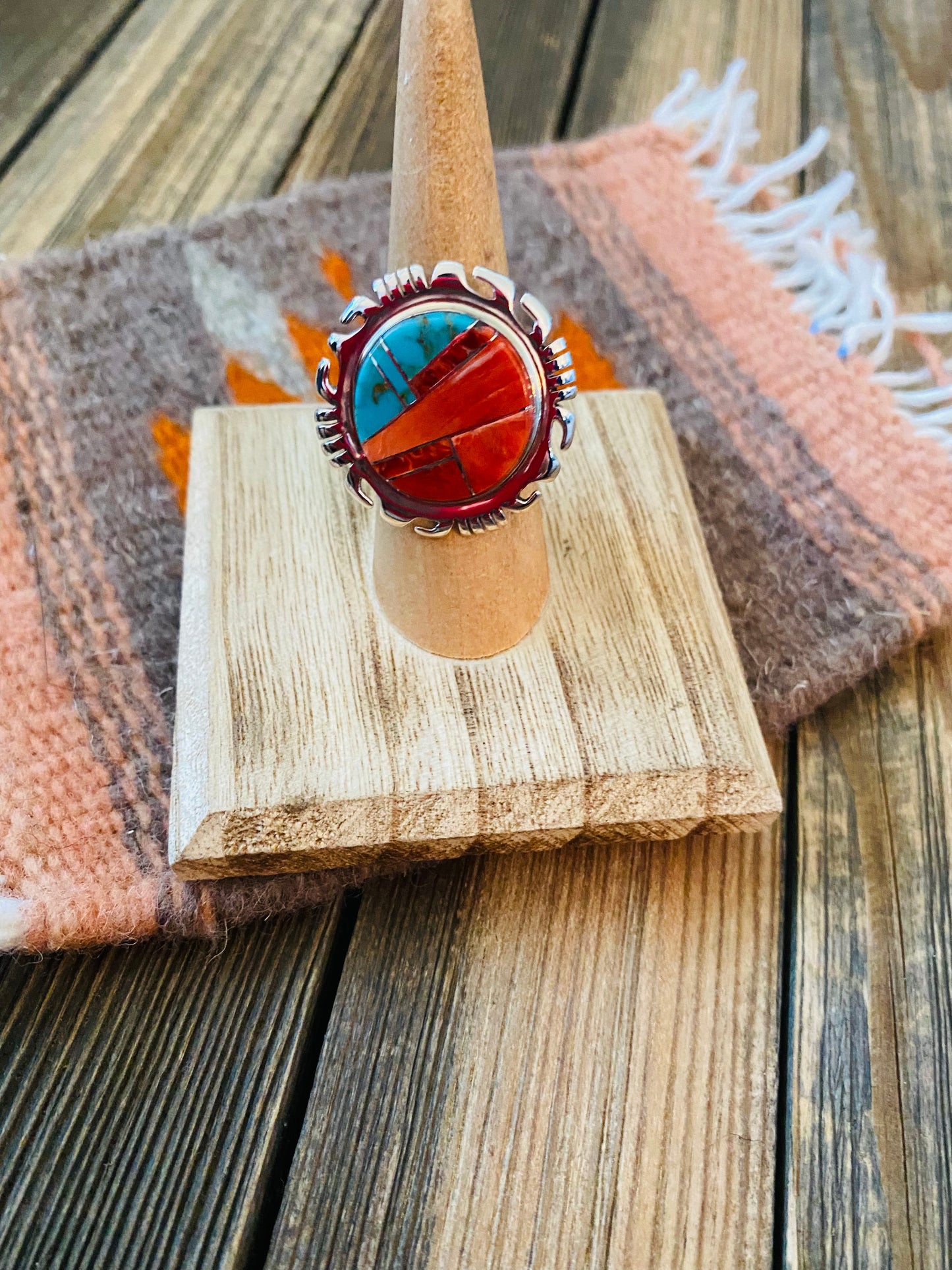 Navajo Sterling Silver, Orange Spiny & Turquoise Inlay Ring Size 6.5