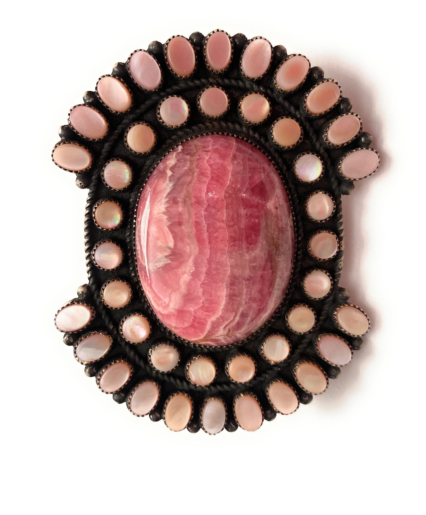 Navajo Sterling Silver, Mother of Pearl & Rhodochrosite Cluster Adjustable Ring