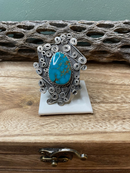 Kingman Turquoise And Sterling Silver Navajo Ring Size 8.5