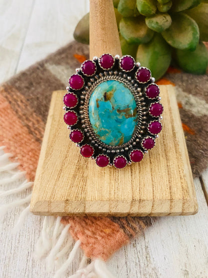 Handmade Sterling Silver, Pink Onyx & Turquoise Cluster Adjustable Ring