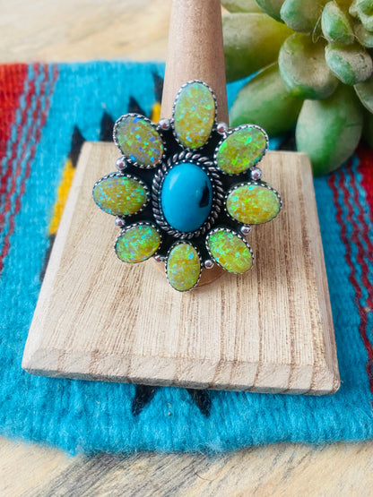 Handmade Sterling Silver, Opal & Turquoise Cluster Adjustable Ring