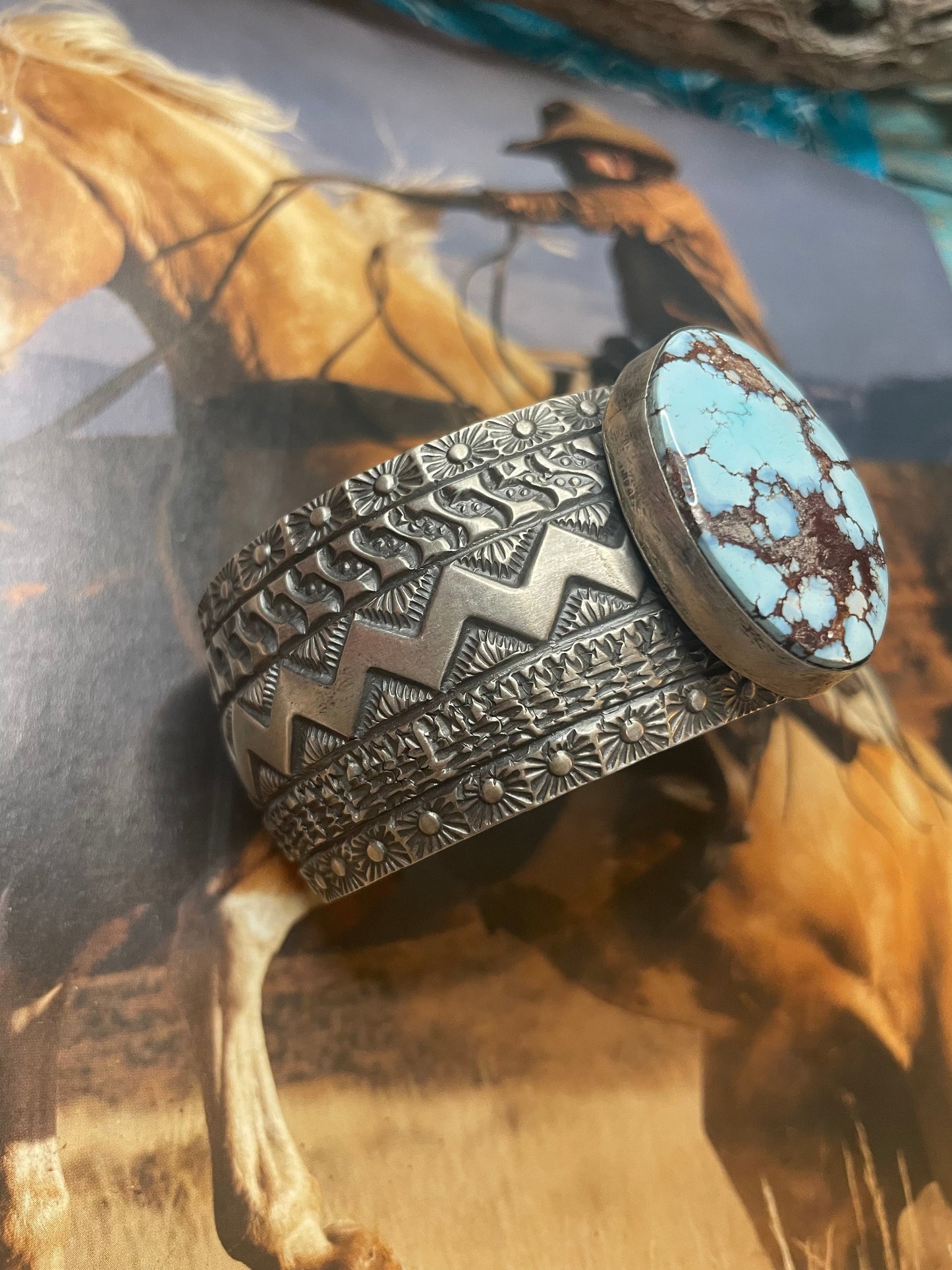 Navajo Golden Hills Turquoise Sterling Silver Cuff Bracelet Signed