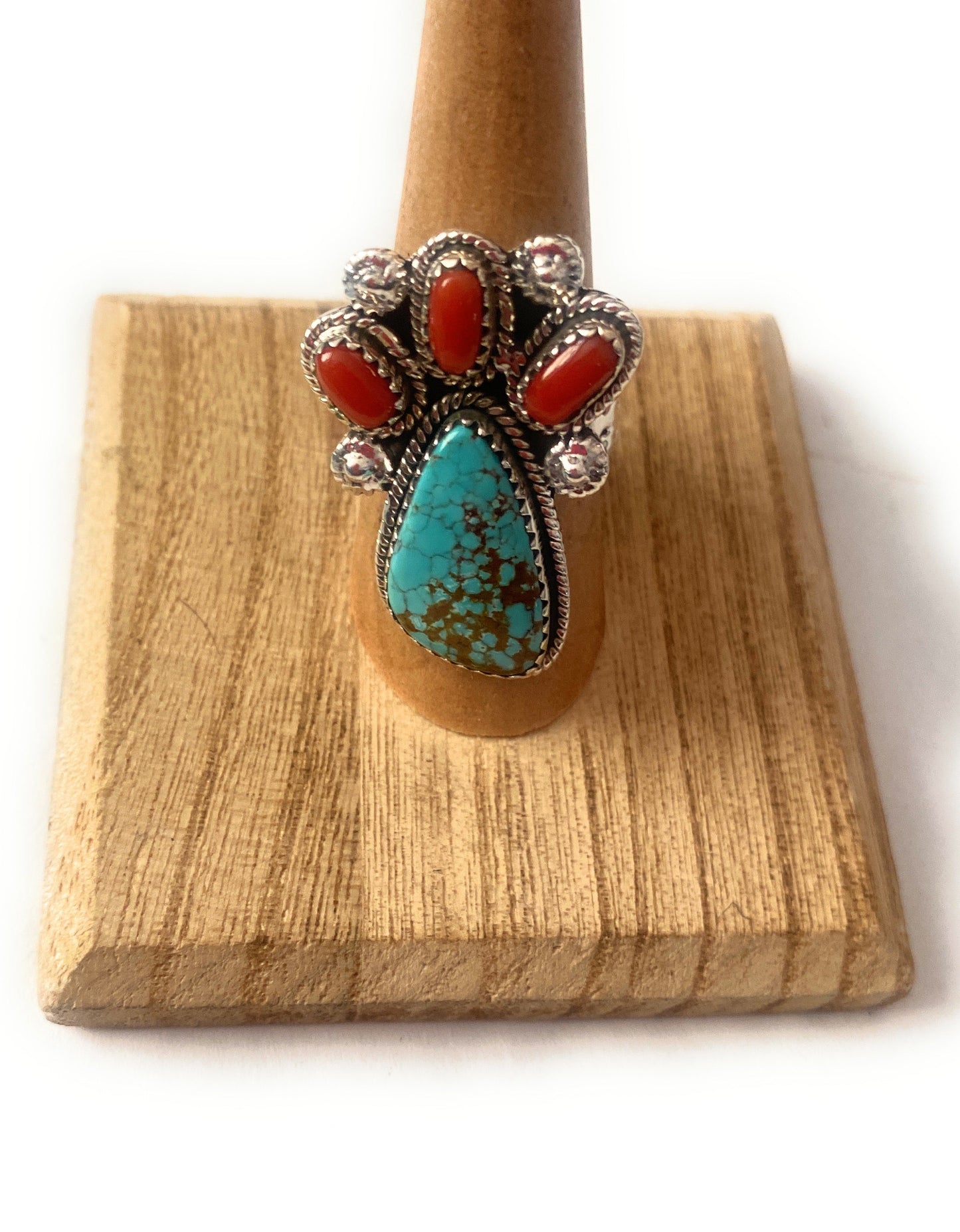 Handmade Sterling Silver, Coral & Number 8 Turquoise Adjustable Ring