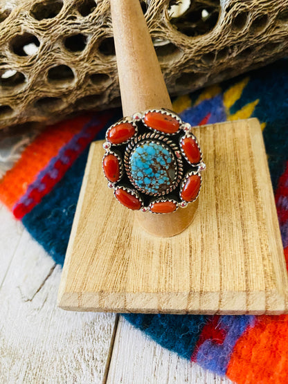 Handmade Sterling Silver, Coral & Number 8 Turquoise Cluster Adjustable Ring