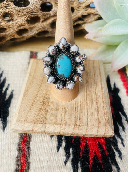 Handmade Sterling Silver, Wild Horse & Turquoise Cluster Adjustable Ring