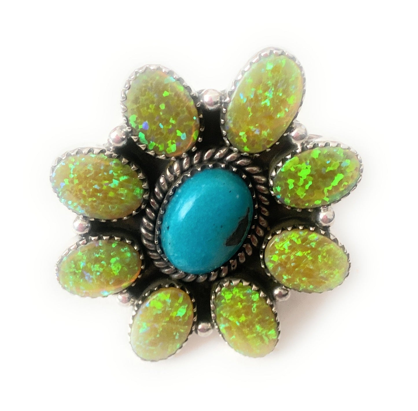 Handmade Sterling Silver, Opal & Turquoise Cluster Adjustable Ring