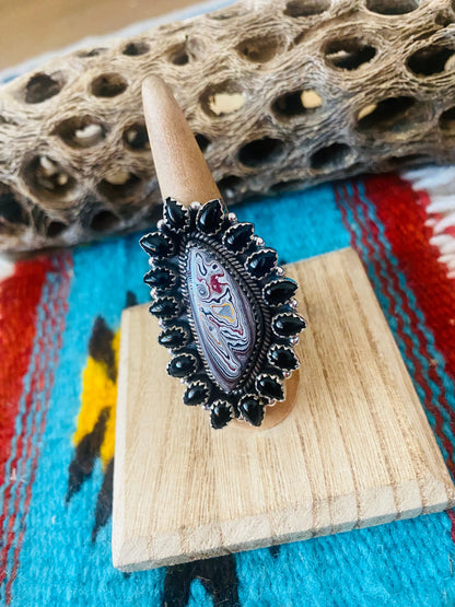 Handmade Sterling Silver, Fordite & Onyx Cluster Adjustable Ring