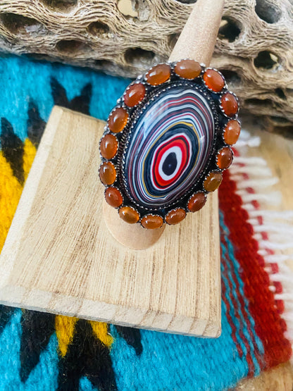 Handmade Sterling Silver, Fordite & Garnet Cluster Adjustable Ring