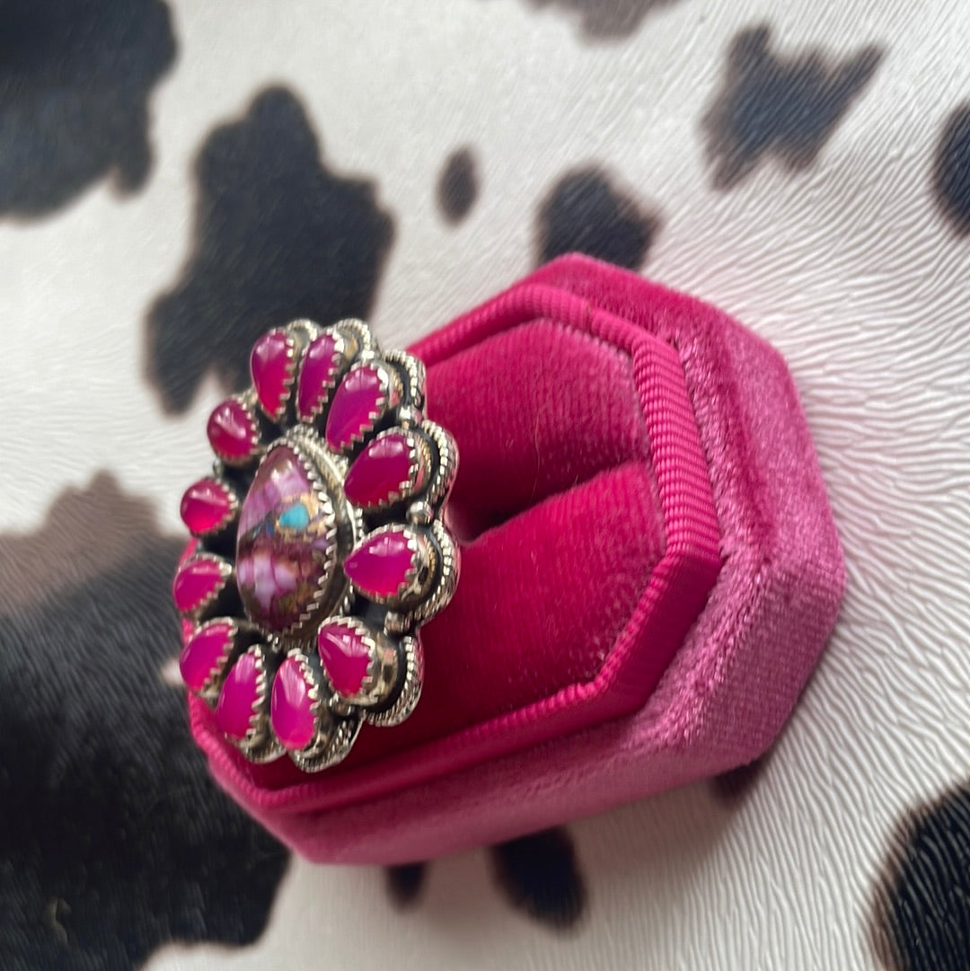 Beautiful Handmade Pink Dream, Pink Onyx And Sterling Silver Adjustable Ring Signed Nizhoni