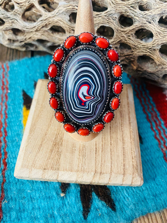 Handmade Sterling Silver, Fordite & Coral Cluster Adjustable Ring