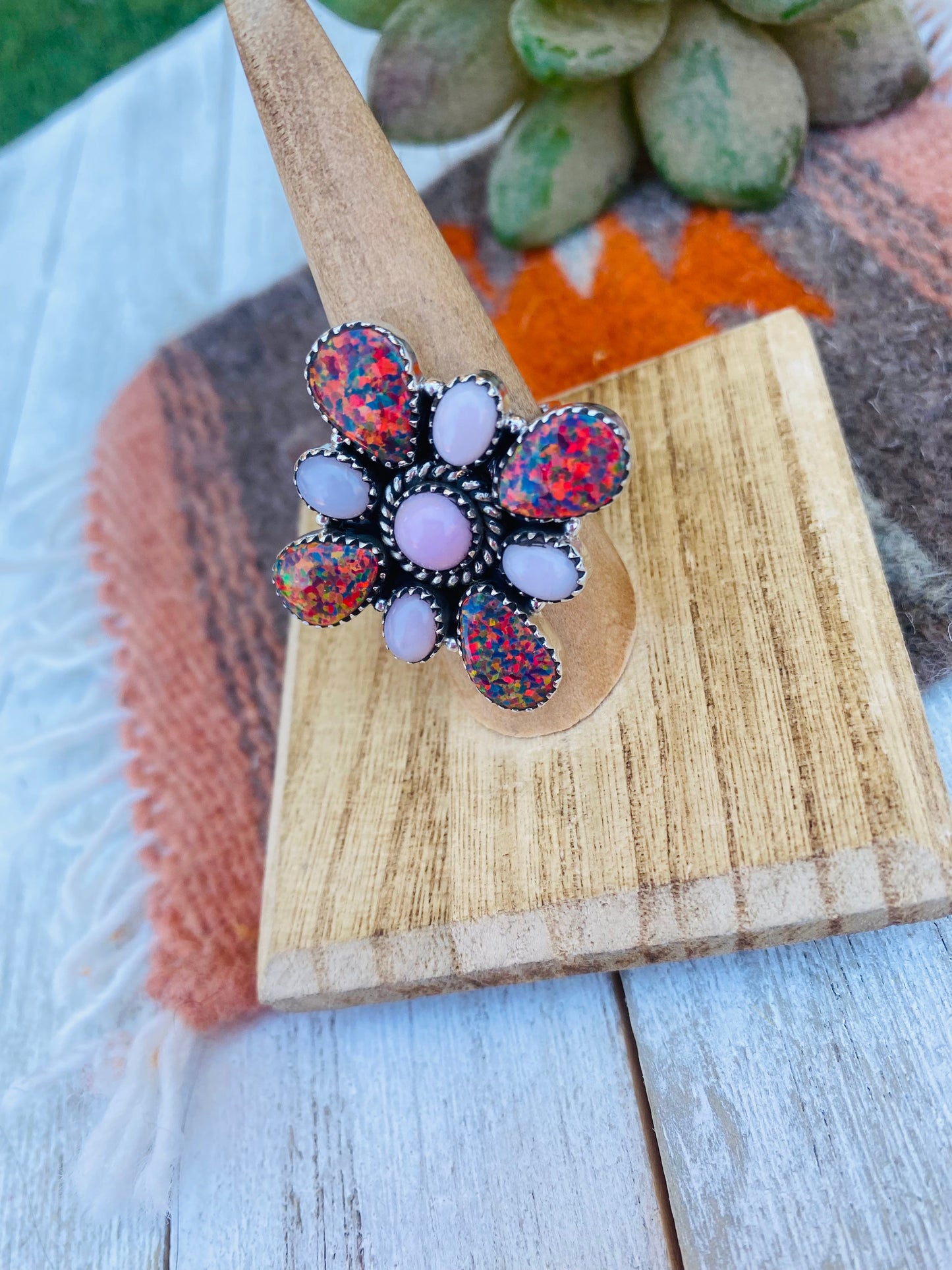 Handmade Sterling Silver, Opal & Queen Pink Cluster Adjustable Ring