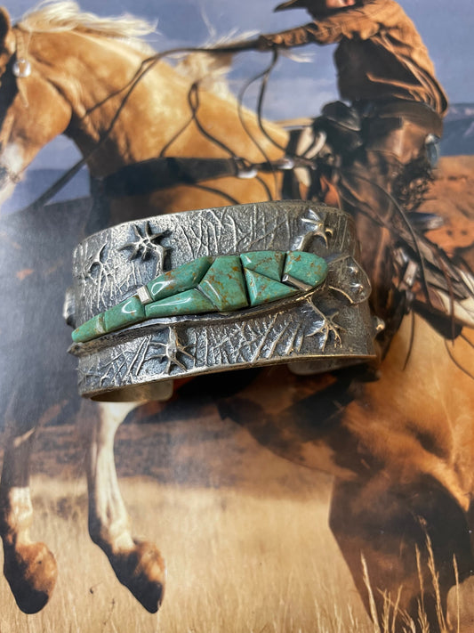 Navajo Turquoise & Sterling Silver Statement Lizard Cuff Bracelet