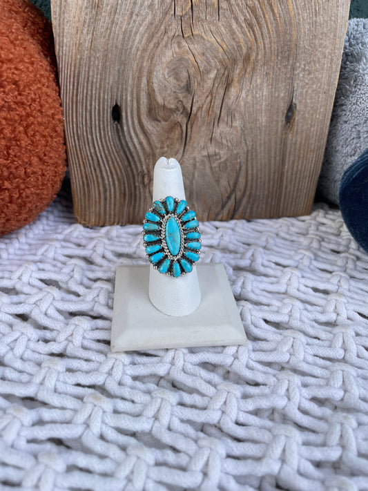 Navajo Turquoise And Sterling Silver Adjustable Cluster Ring