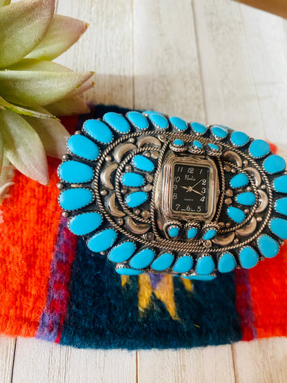 Old Pawn Vintage Navajo Turquoise & Sterling Silver Cluster Watch Cuff