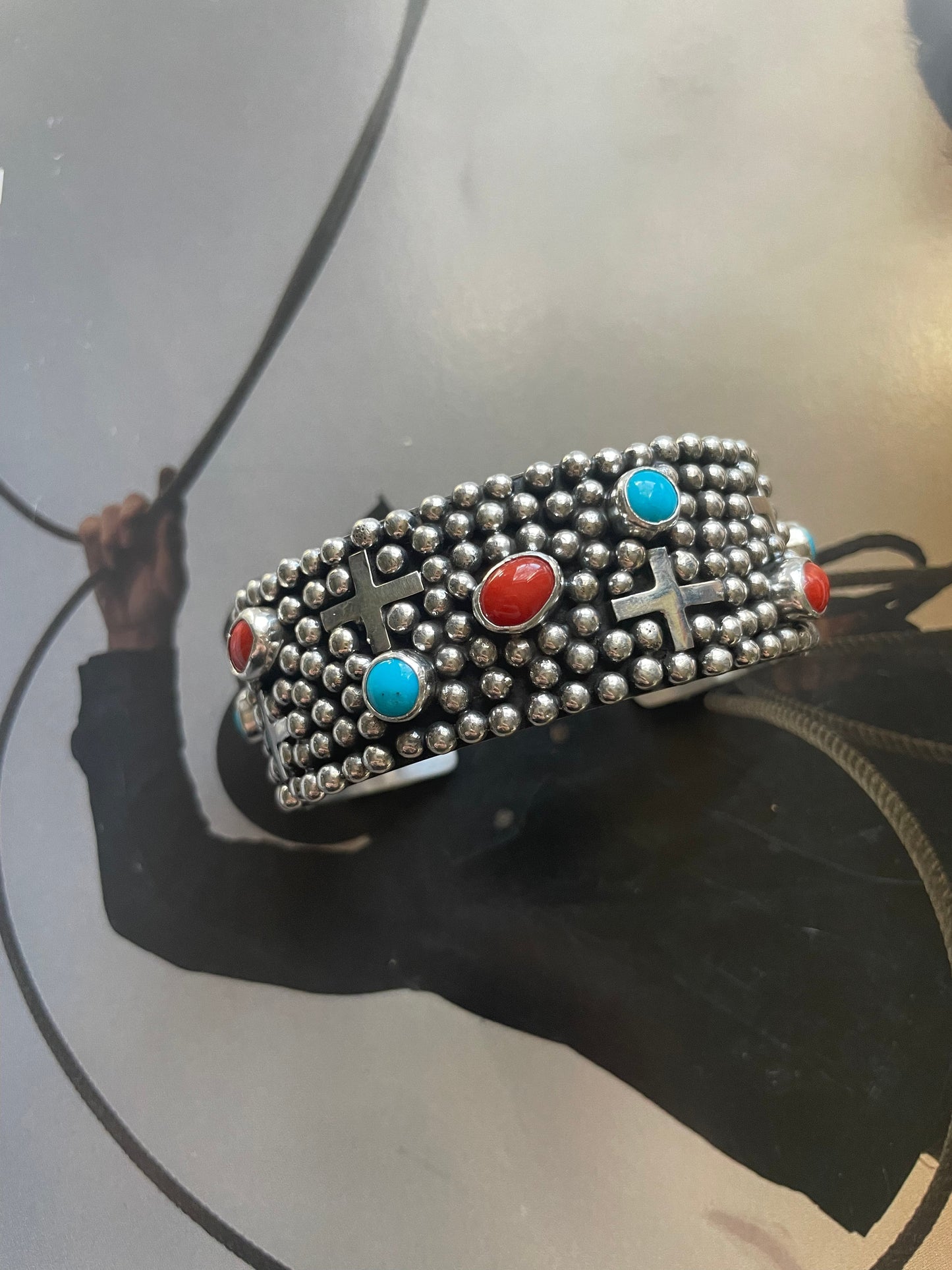 Navajo Sterling Silver, Turquoise, & Coral Cross Cuff Bracelet By Ronnie Willie