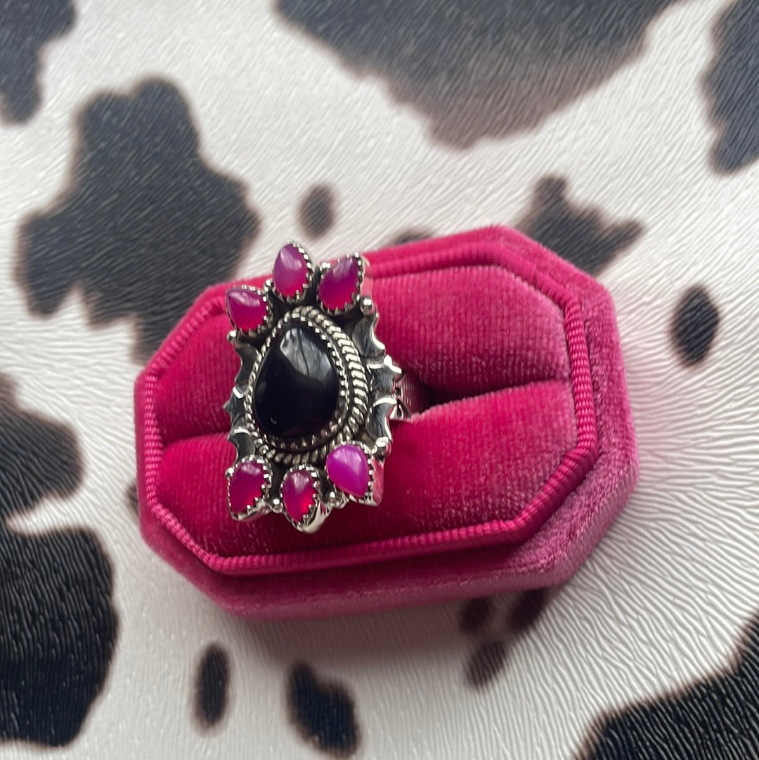 Handmade Pink & Black Onyx Sterling Silver Adjustable Ring Signed Nizhoni