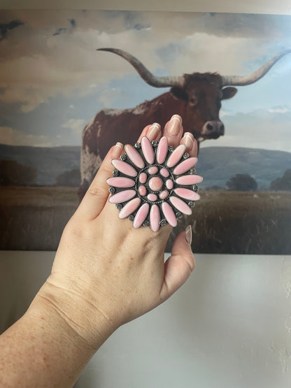 Navajo Sterling and Queen Pink Conch Shell Adjustable Statement Ring Signed C Yazzie