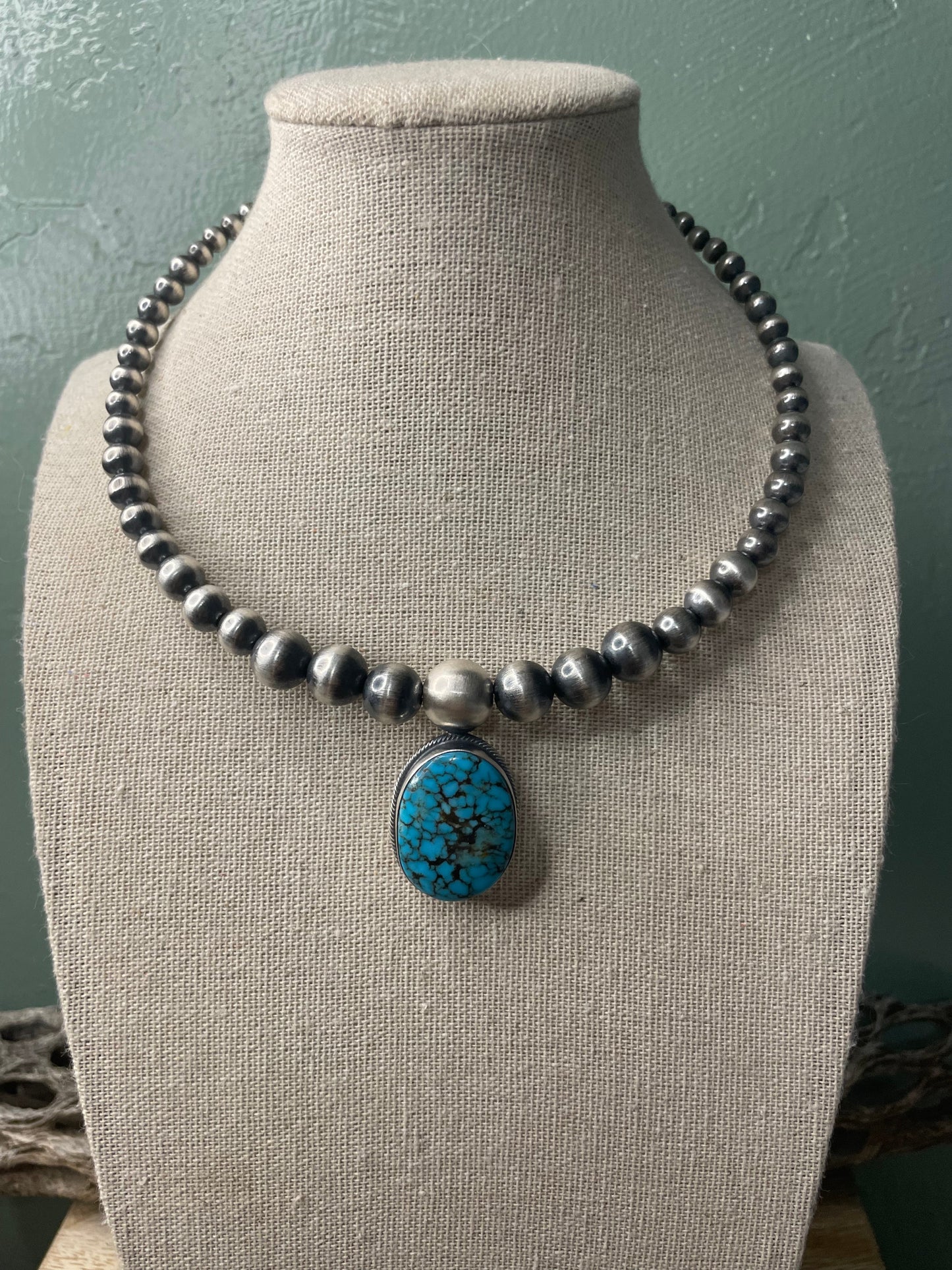 Navajo Turquoise And Sterling Silver Pearl Beaded Choker Necklace