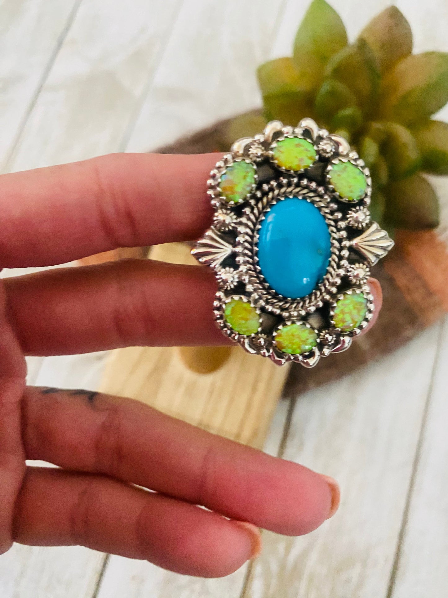 Handmade Sterling Silver, Turquoise & Opal Cluster Adjustable Ring