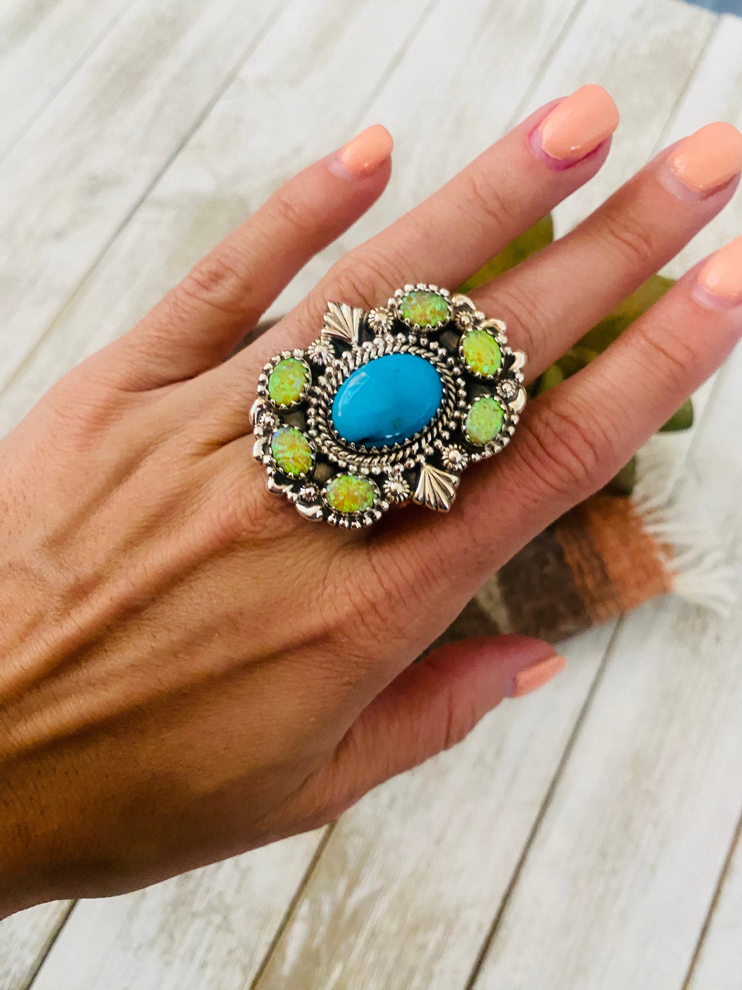 Handmade Sterling Silver, Turquoise & Opal Cluster Adjustable Ring