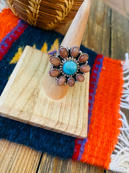 Handmade Sterling Silver, Mother of Pearl & Turquoise Cluster Adjustable Ring