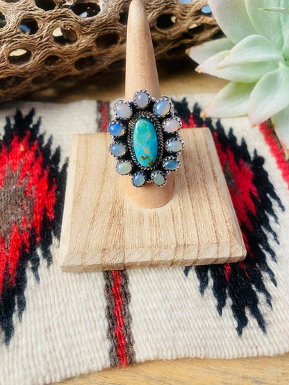 Handmade Sterling Silver, Turquoise & Opal Cluster Adjustable Ring