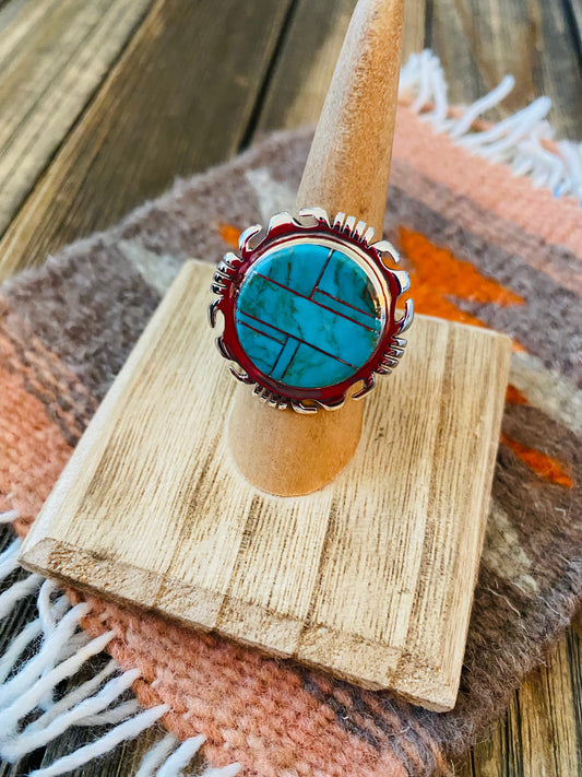 Navajo Sterling Silver & Turquoise Inlay Ring Size 6.75