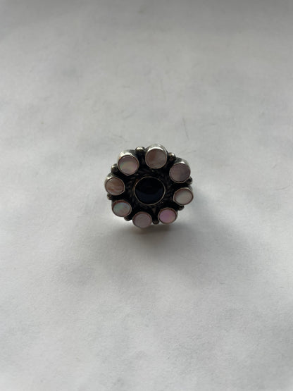 Navajo Sterling Silver, Black Onyx, Pink Conch Flower Cluster Adjustable Rings Signed