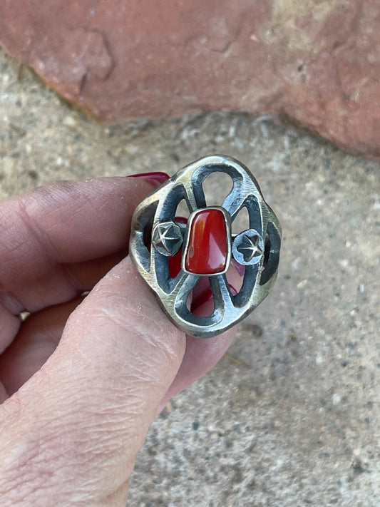 Vintage Navajo Sterling Silver Red Coral Ring Sz 13.5