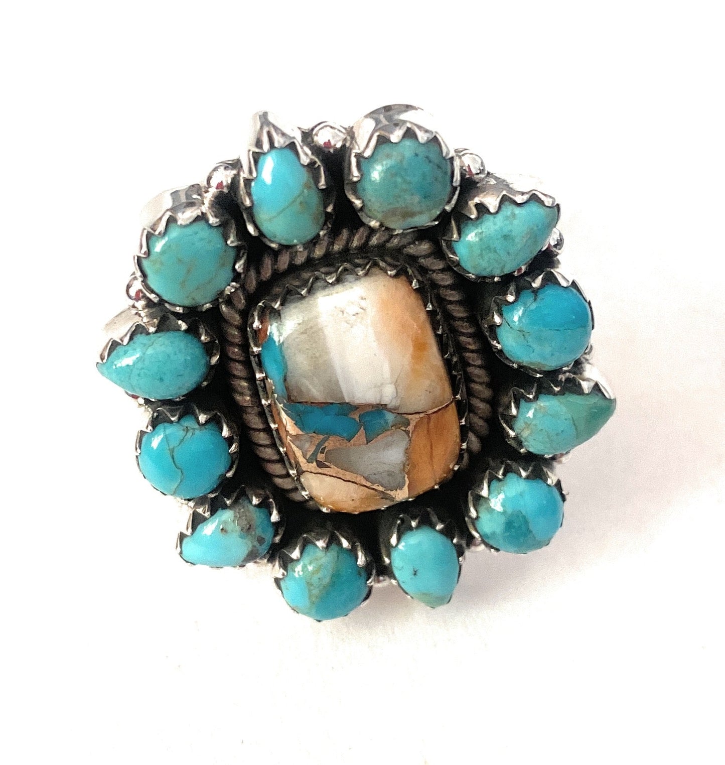 Handmade Sterling Silver, Spice & Turquoise Cluster Adjustable Ring