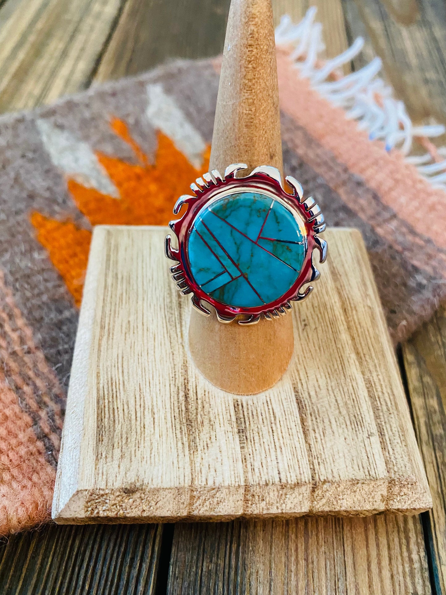 Navajo Sterling Silver & Turquoise Inlay Ring Size 6.5